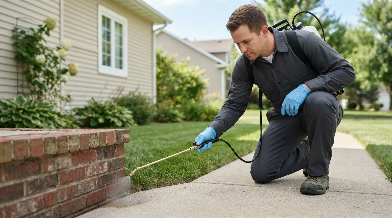 Pest control technician treating a home near Navarre, OH